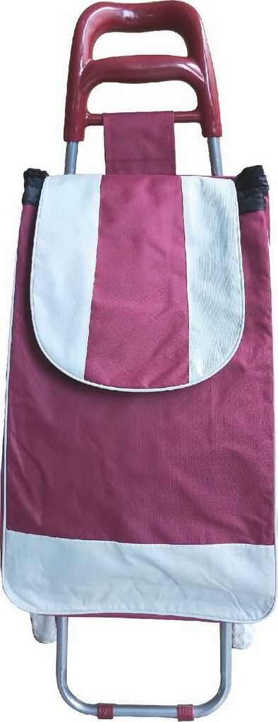 A shopping trolley bag with a burgundy and white design, shown against a white background.