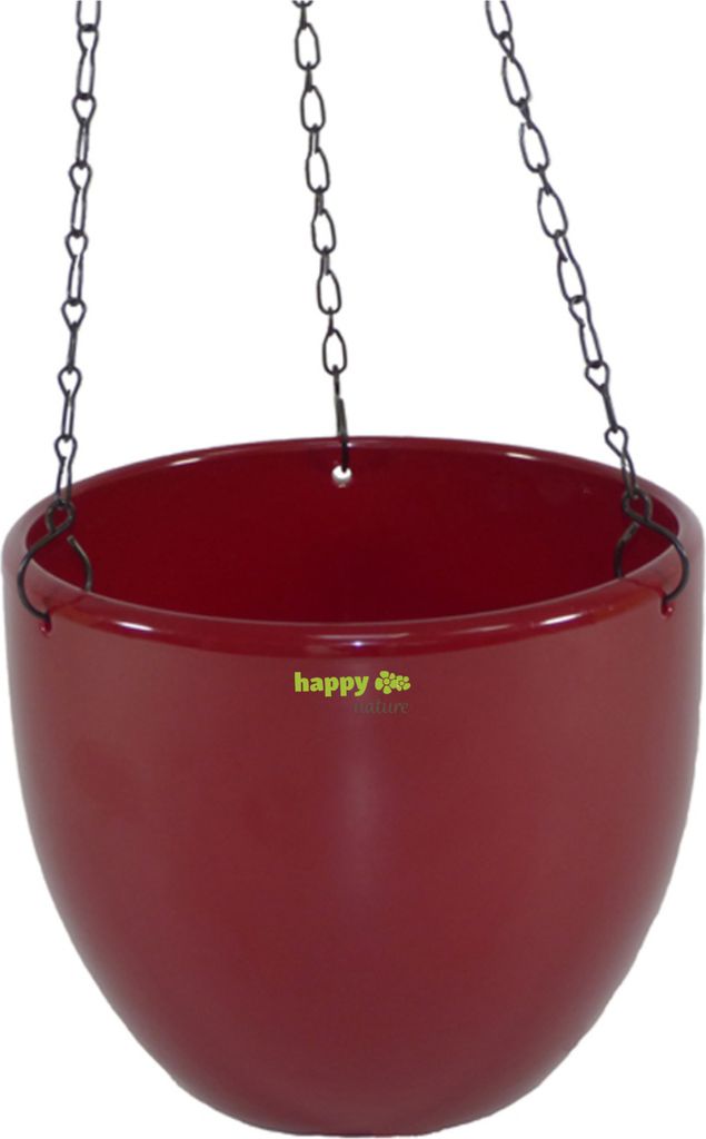 A red hanging planter pot with chains.