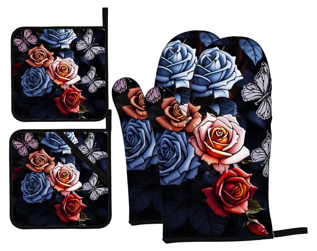Ofenhandschuhe und Topflappen mit Rosen- und Schmetterlingsmotiv, hitzebeständig und rutschfest, wasserdichte Kochhandschuhe für Küche, Backen u...