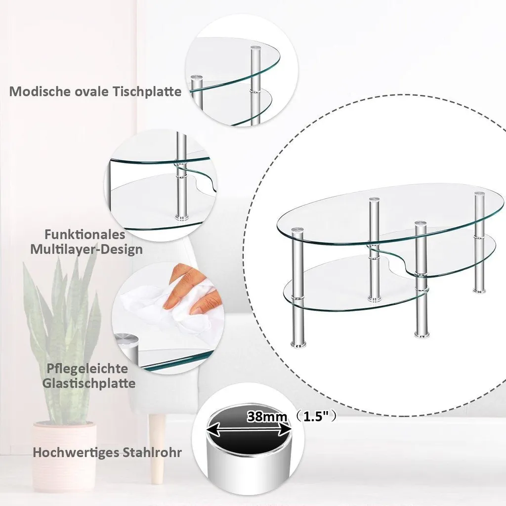 Table basse ovale à trois niveaux en verre moderne avec étagère double