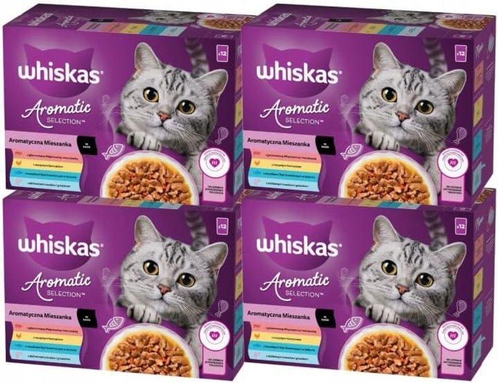 WHISKAS Aromatic Selection Katzennassfutter 1+ Gemischte Auswahl 4 Varietäten Schwein, Huhn, Meeresfisch, Lachs in Sauce 4x12x85g
