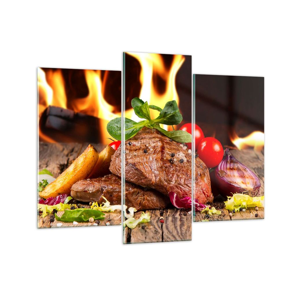 Bilder auf glas - Essen Holz Feuer Steak - 130x100cm - Glasbilder - Wandbilder - Kunstdruck - zum Aufhängen bereit - Wanddekoration aus Glas - Gla...