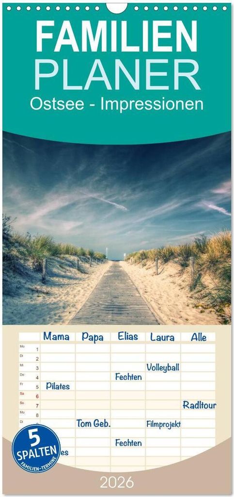 Familienplaner 2026 - Ostsee - Impressionen mit 5 Spalten (Wandkalender, 21 x 45 cm) CALVENDO