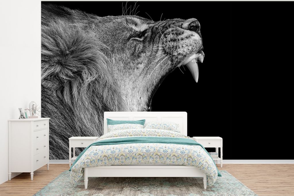MuchoWow Fototapete für Wohnzimmer oder Schlafzimmer Wandtapete Vinyl Motivtapete Tiere - Löwe - Schwarz - Weiß - Porträt - 375x280 cm - Schl...