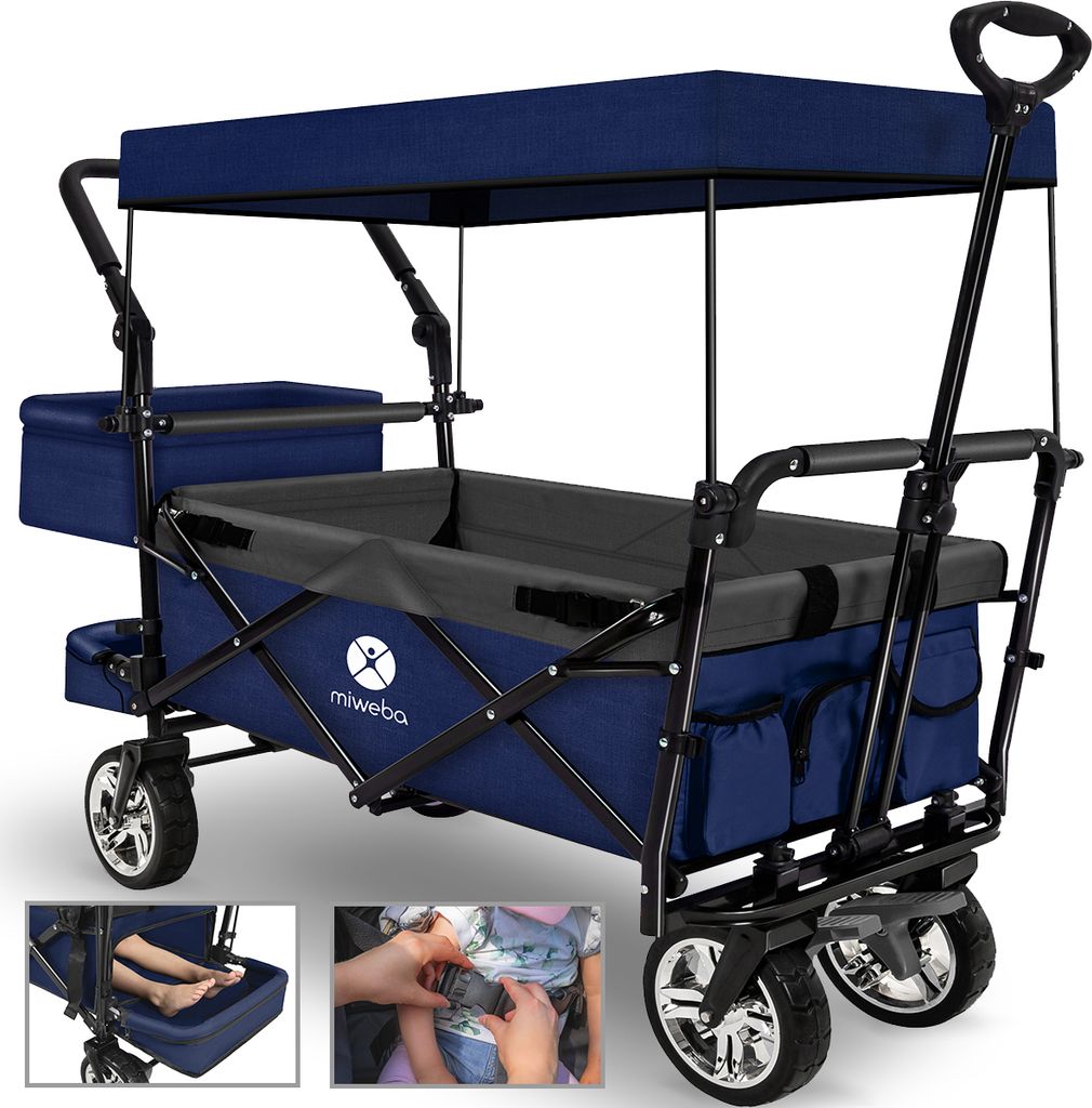Miweba Faltbarer Bollerwagen MB-20 | Sonnendach - Schiebe- & Zugstange - Stauraumverlängerung - 360° Räder - Bis 100 Kg (Königsblau/Grau)