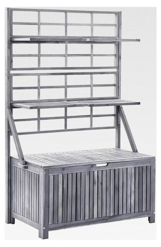Aufbewahrungsbox aus massivem Akazienholz mit Spalier für Kissen und Pflanzenregal Grau 99x55x160cm