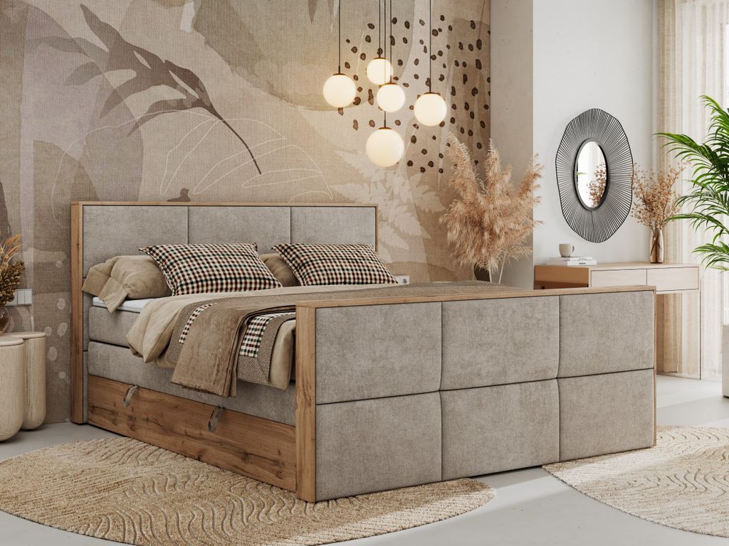 A bedroom scene featuring a large bed with a textured headboard and wooden frame, decorated with pillows and blankets. The background includes a mural, a vanity table with a mirror, and decorative plants.