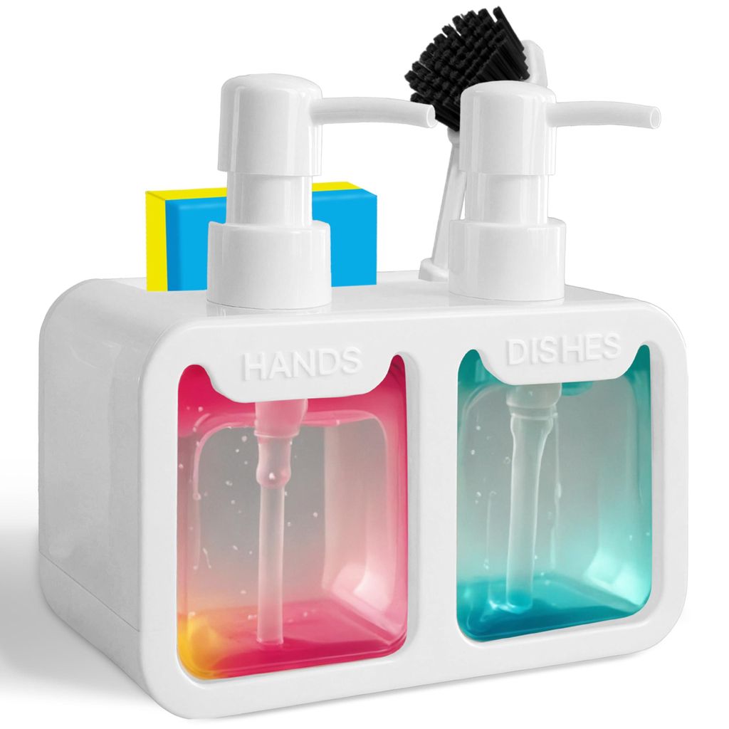 Weißes Küchenseifenspender-Set – Spender für Spülmittel und Handseife mit Schwamm- und Bürstenhalter – 4-in-1-Spülbecken-Organizer