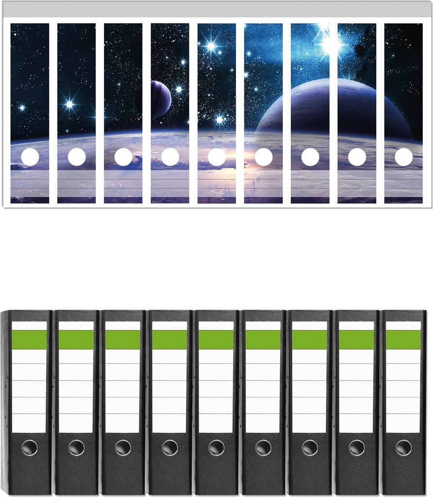 Wallario 9 Stück breite Ordner inkl. Klebeetiketten mit Motive Planeten im Weltall - Set mit Rückenschildern / Ordnerrücken Stickern