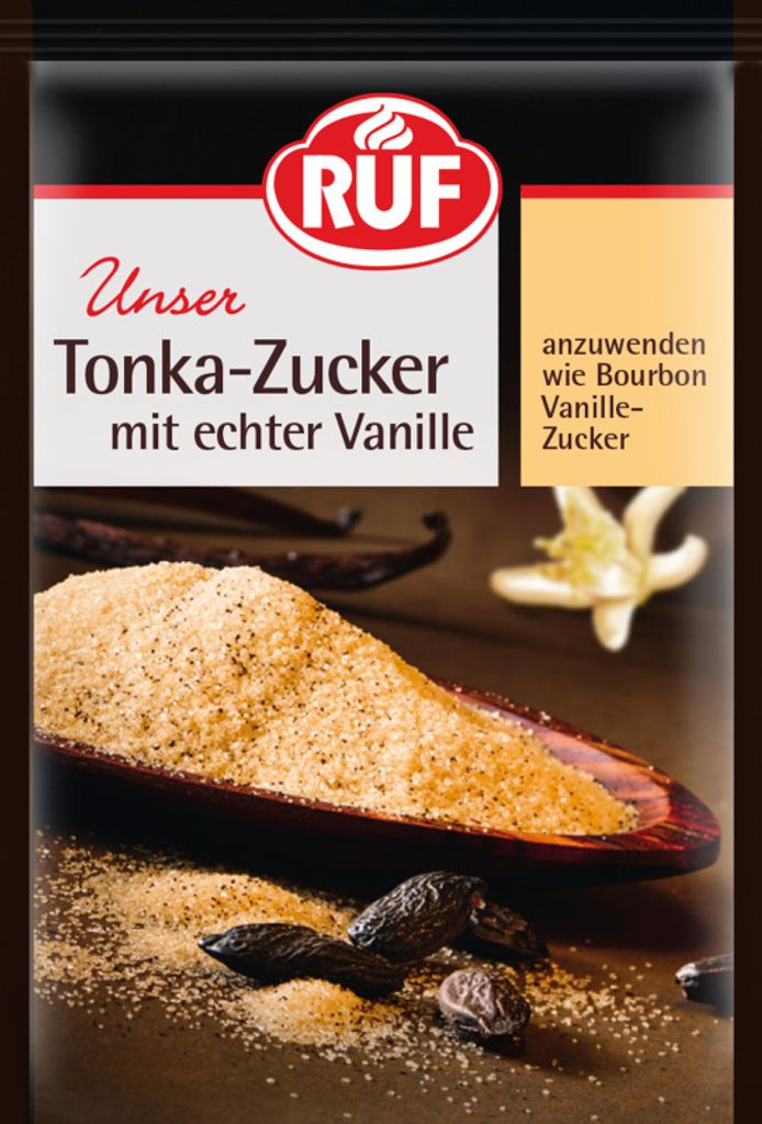 A package of RUF Tonka Sugar with real vanilla, featuring a close-up of the sugar and ingredients.