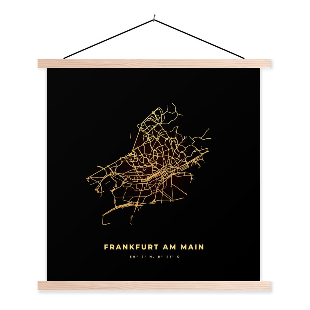 MuchoWow Textilposter Frankfurt - Deutschland - Karte - Stadtplan - Wegbeschreibung 120x120 cm mit holzfarbenen Rahmen - Textil-Poster