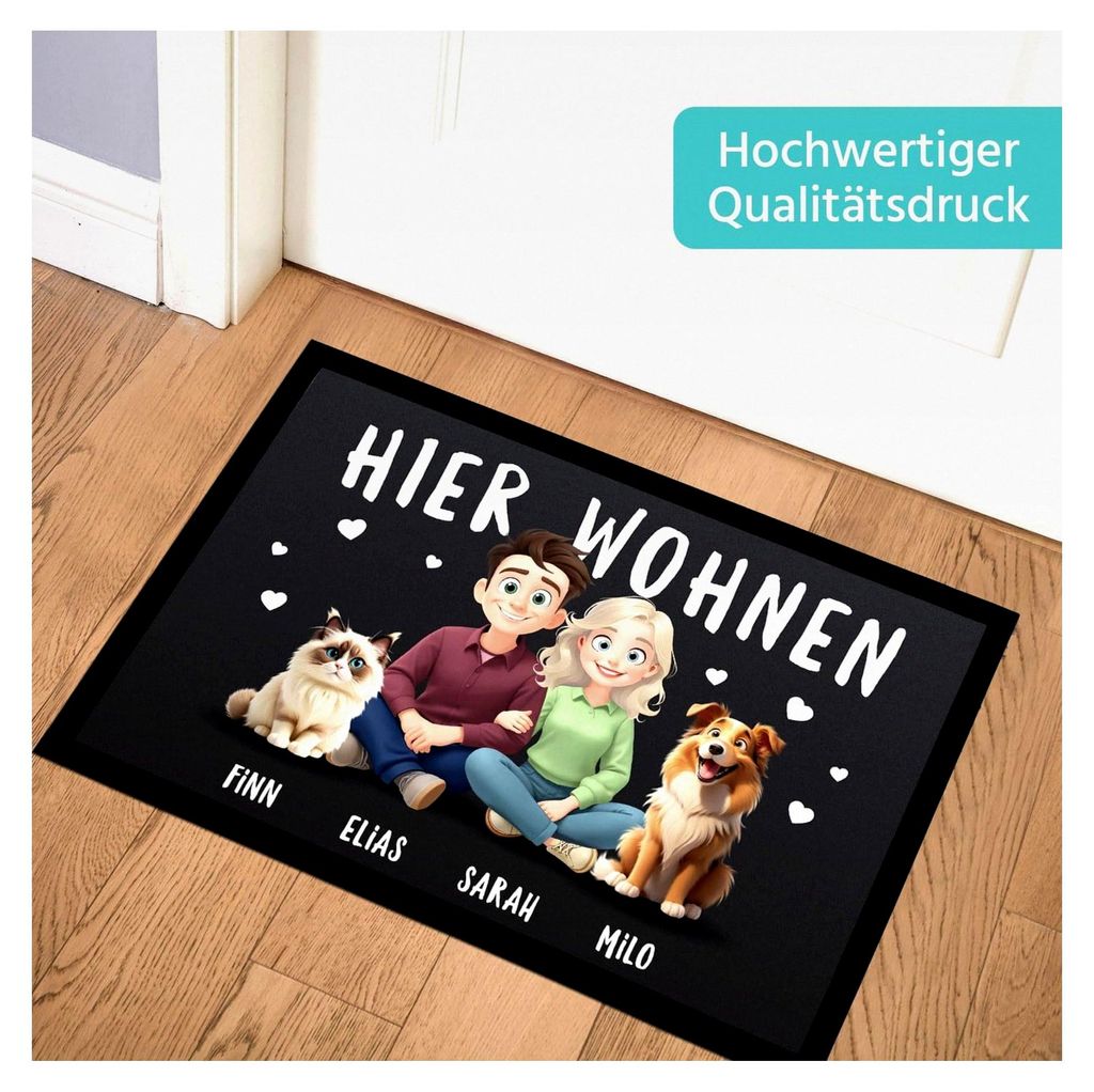 Fußmatte Geschenk Paare | Katze Hund Haustiere Figuren Wunschnamen personalisierbar | Geschenkidee Einzug Valentinstag Schwarz 60x40cm