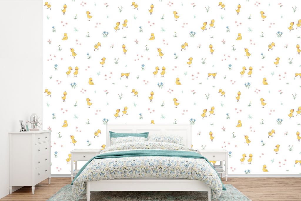 MuchoWow Fototapete für Wohnzimmer oder Schlafzimmer Wandtapete Vinyl Motivtapete Ente - Baby - Tiere - 525x350 cm - Das Hintergrundbild