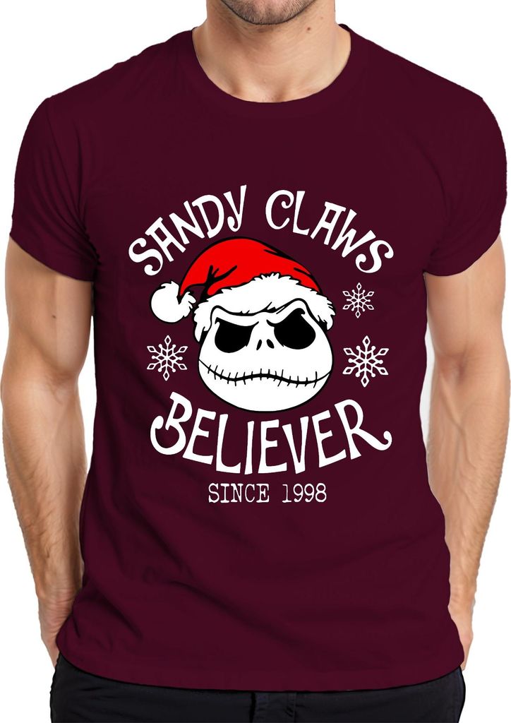 Shandy Claws Believer Weihnachten Totenkopf Gothic Geschenk Herren T-Shirt, Burgundy, XXL
