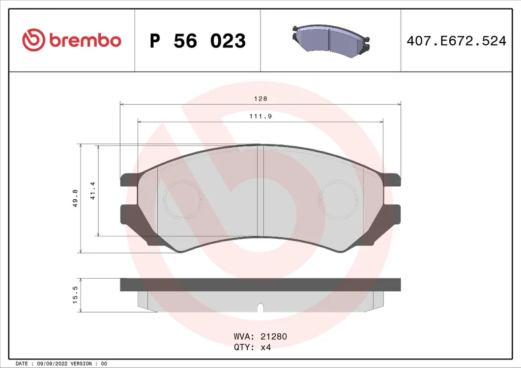 Jeu de 4 Plaquettes de Frein à Disque Brembo P56023 Série Premium OE