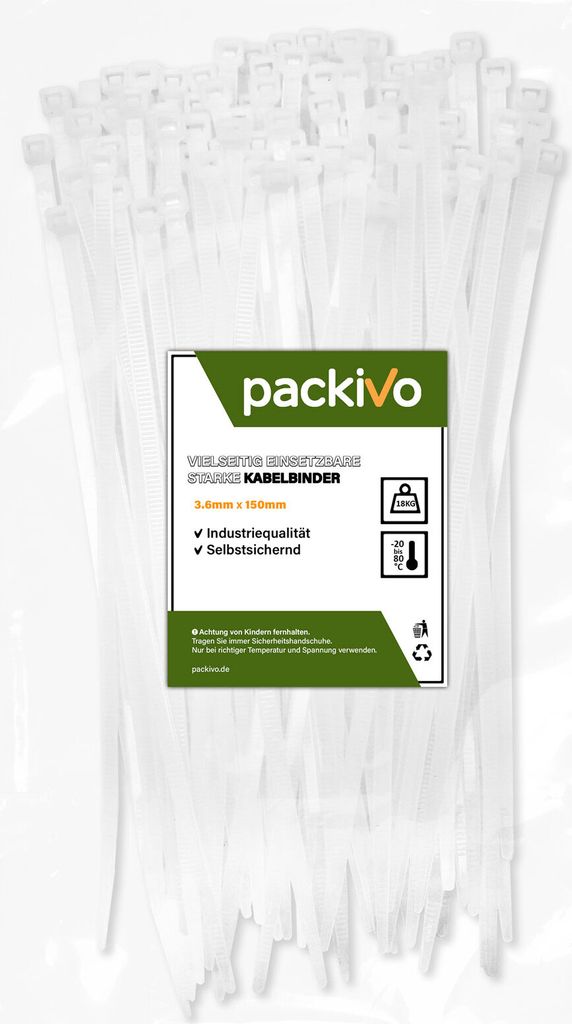 PACKIVO Profi Kabelbinder 3,6 x 150mm Weiss weiß schwarz Produktbild 