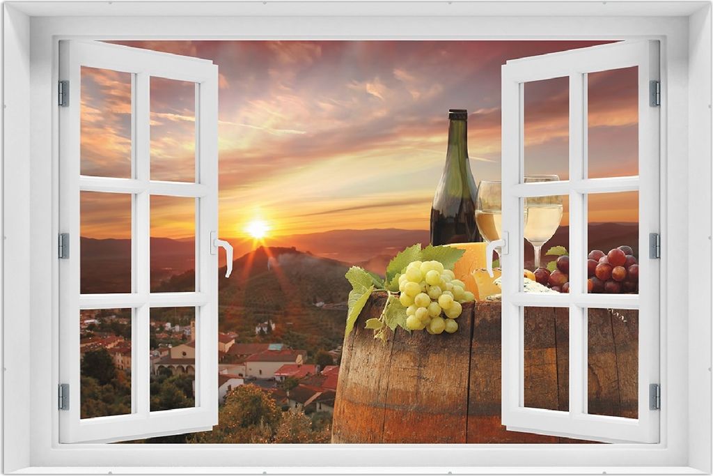 Wallario Wandbild mit Fenster-Illusion: Wein Romantik - Weißwein mit Käse auf einem Fass, Größe: 61 x 91,5 cm, Poster mit rahmenlosen Bildhalter