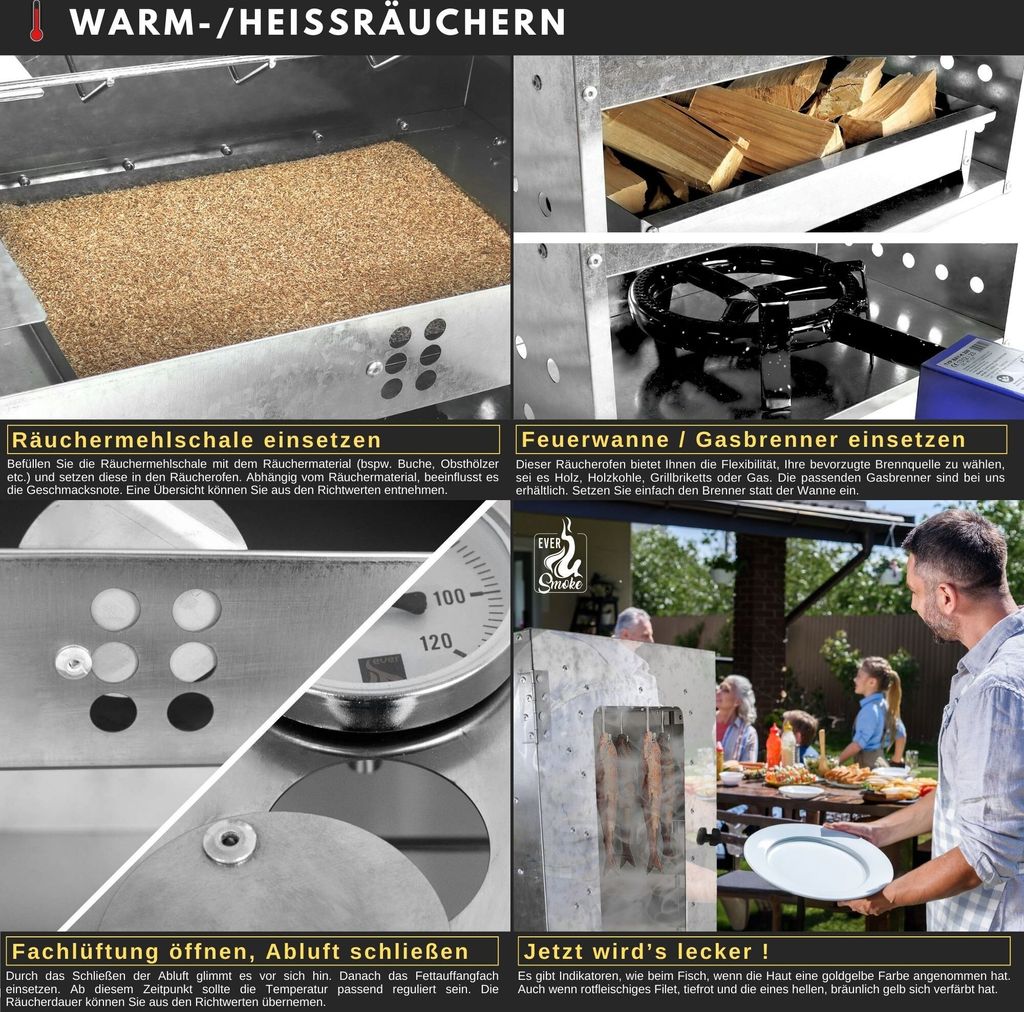 Eversmoke Edelstahl Räucherofen Magnum Set - 5,5kW Brenner, Thermometer, Für Fisch & Fleisch