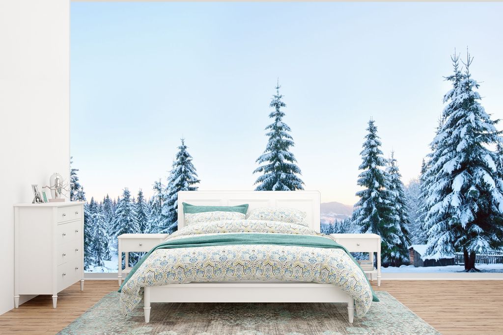 MuchoWow Fototapete für Wohnzimmer oder Schlafzimmer Wandtapete Vinyl Motivtapete Winter - Schnee - Bäume - 350x260 cm - Wohnzimmer-Tapete