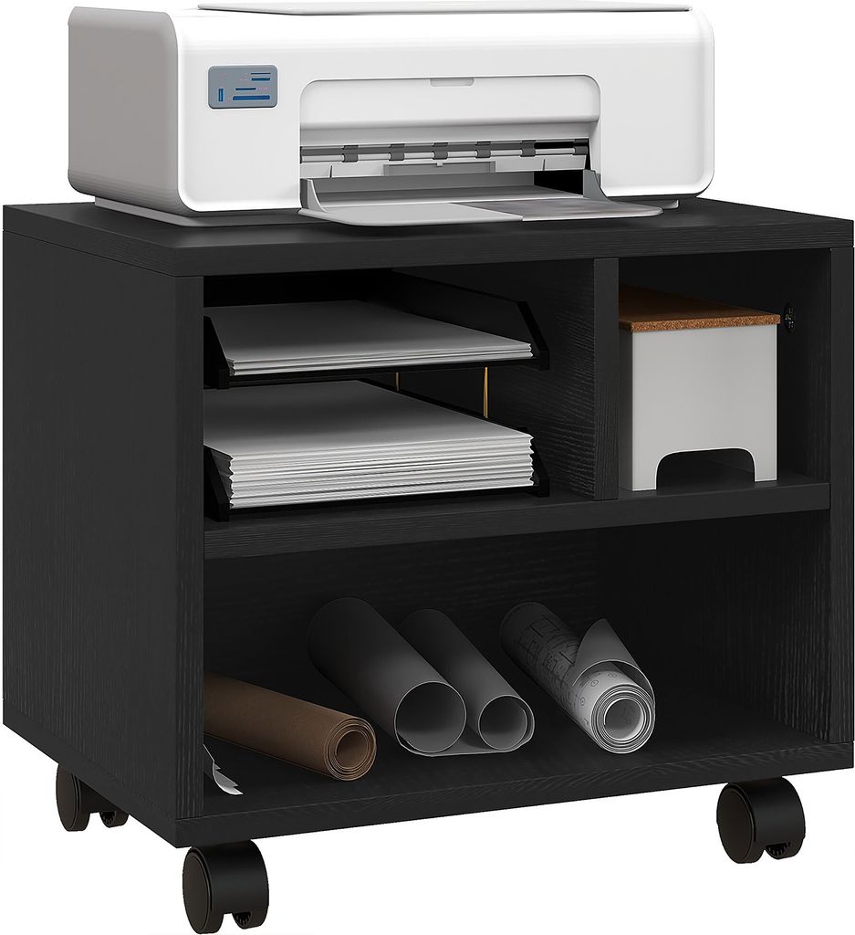 HOMCOM Druckerständer mit 2 Ebenen und 3 Fächern, Büro- und Arbeitszimmerschrank mit Rollen, 40x30x36cm, Schwarz