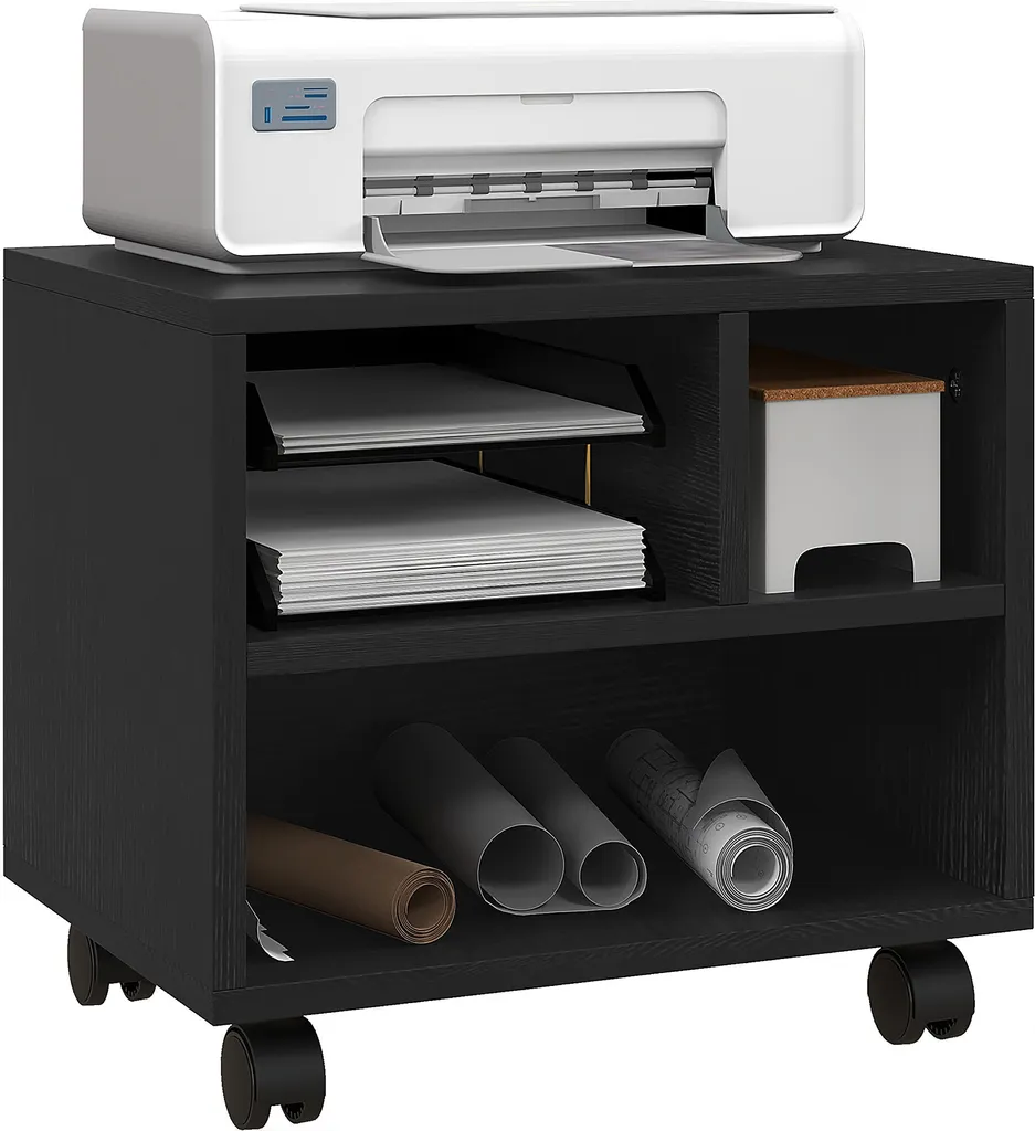 Support Imprimante HOMCOM Noir 40x30x36cm avec 3 Compartiments Ouverts