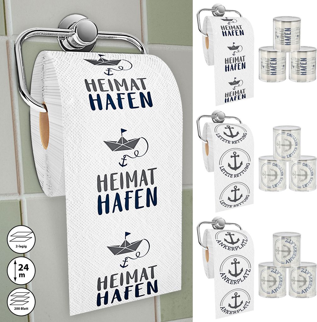 Toilettenpapier maritim 12er Set 3 Motiven 24m 2-lagig PVC 18g/qm Klopapier bedruckte Rollen WC-Papier