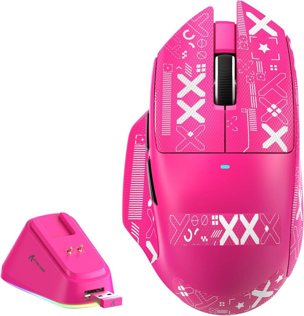 Gaming-Maus mit Magnet-Ladestation, 65 g Leichtgewicht, PAW3311 Sensor, 25.000 DPI, BT/2.4G/USB-C, 100 Mio. Klicks, 500mAh Akku für Rechtshänder