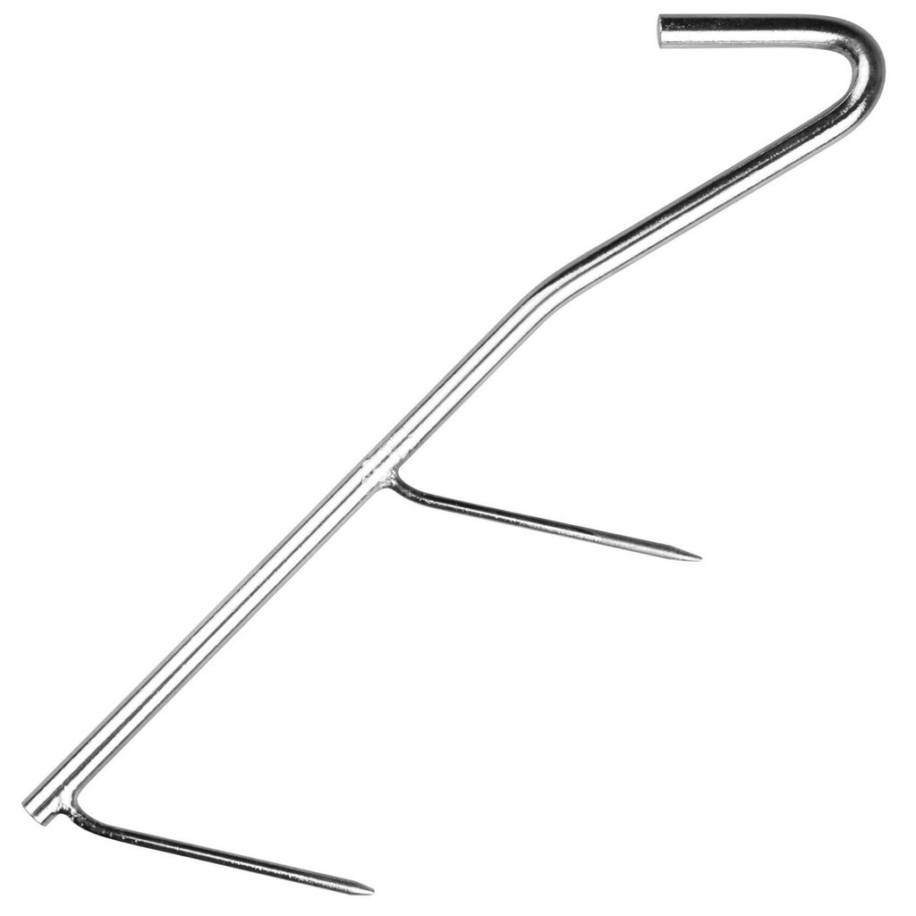 A silver metal smoking hook with two prongs and a curved hanging hook.