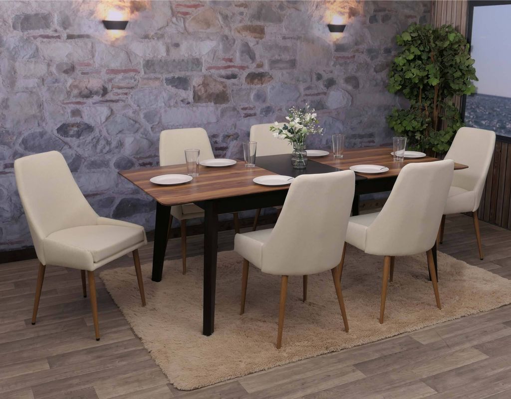 6er-Set Esszimmerstuhl HWC-O27, Küchenstuhl Polsterstuhl Stuhl, Stoff/Textil (280g/m²) Metall beige