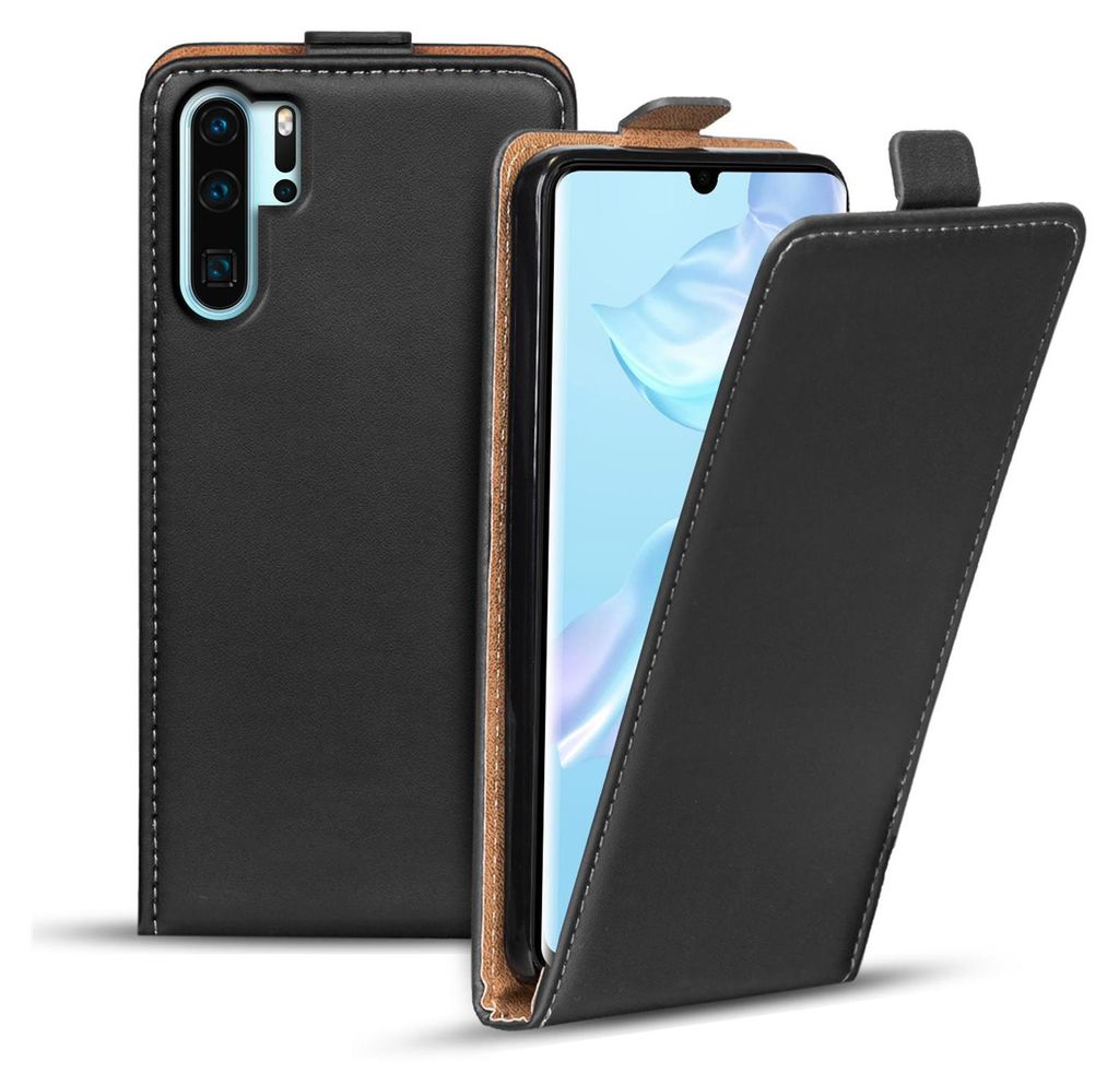 A black flip case for a Huawei P30 Pro phone, shown with the front cover open.