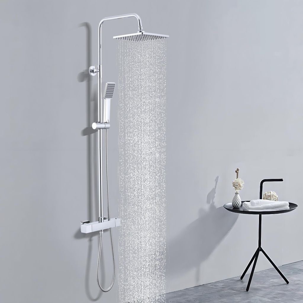 Homelody Duschsystem mit Thermostat 38°C Quadratische Duschsäule Duscharmatur Chrom Regendusche Duschset inkl. Verstellbar Duschstange, Edelstahl