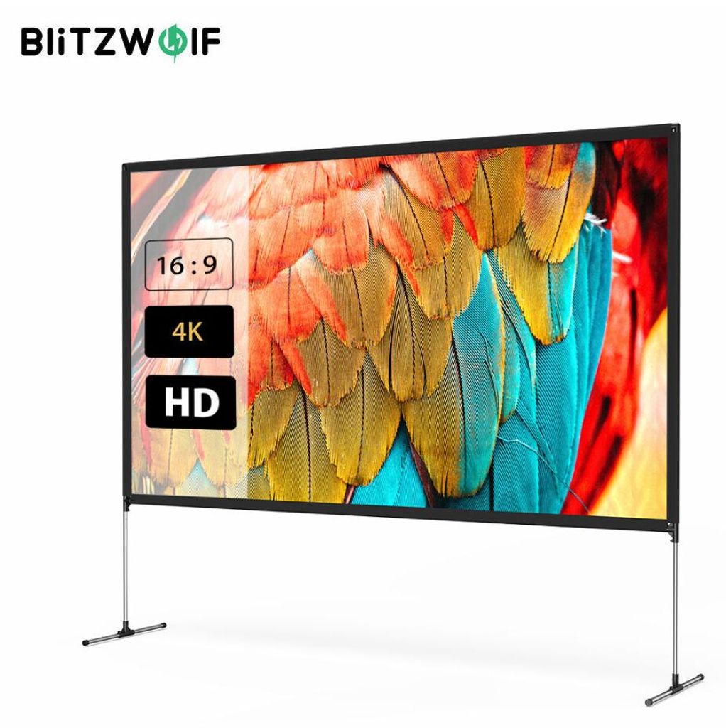 A projector screen with a colorful image of parrot feathers displayed on it, set on a white background with a stand.
