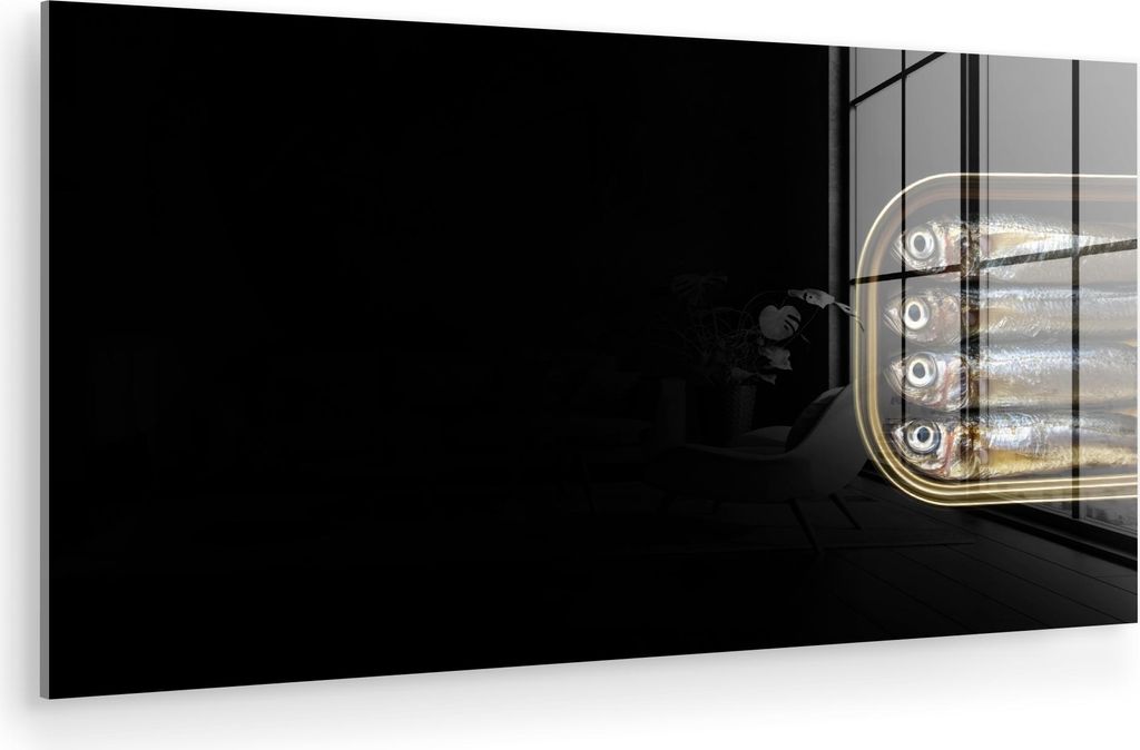 MuchoWow Glasbilder - Bilder auf Wandbild - Foto auf Glas Sardinen - Dose - Schwarz - Fisch 120x60 cm Wanddekoration aus Glas - Acrylglasbild - Acr...