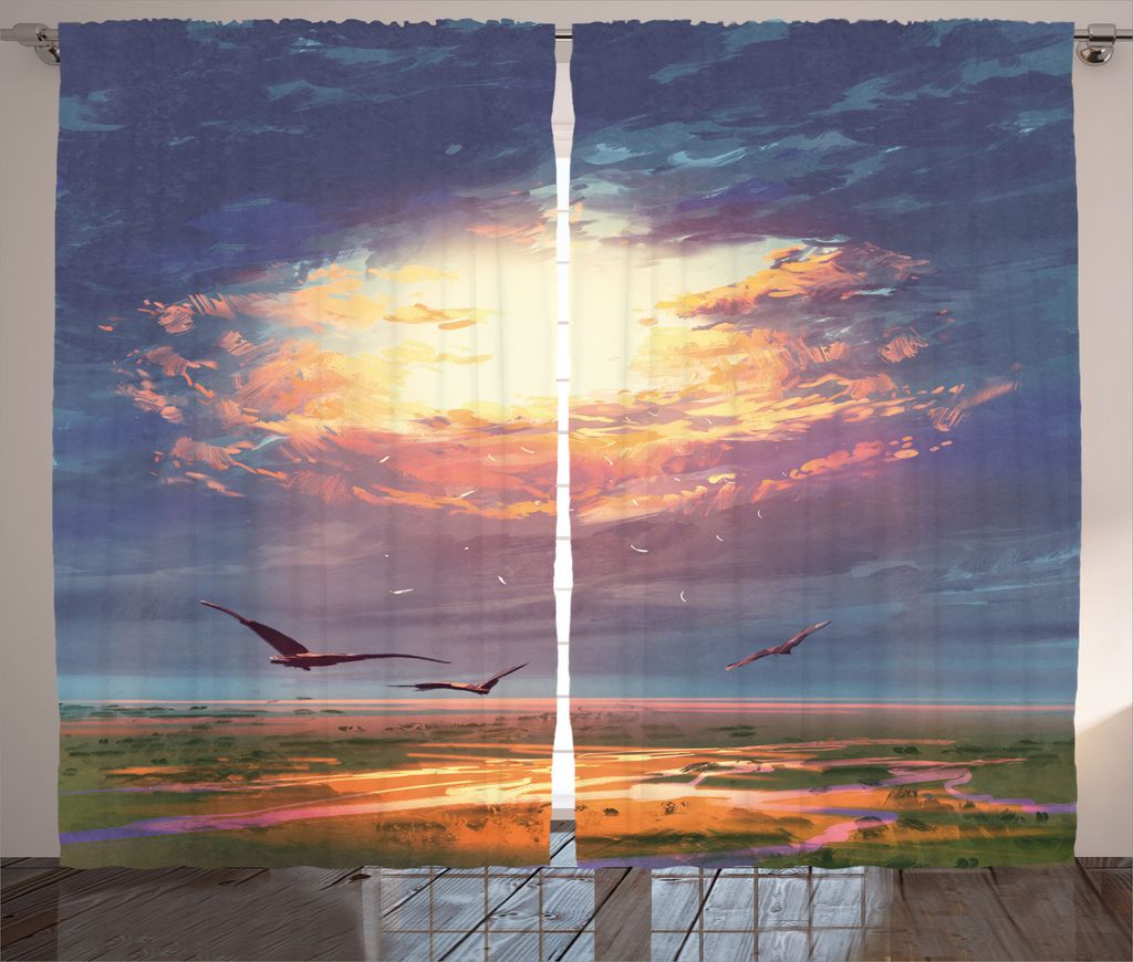 ABAKUHAUS Landschaft Rustikaler Gardine, Beaming Sun Clouds, Schlafzimmer Kräuselband Vorhang mit Schlaufen und Haken, 280 x 245 cm, Orange Blau