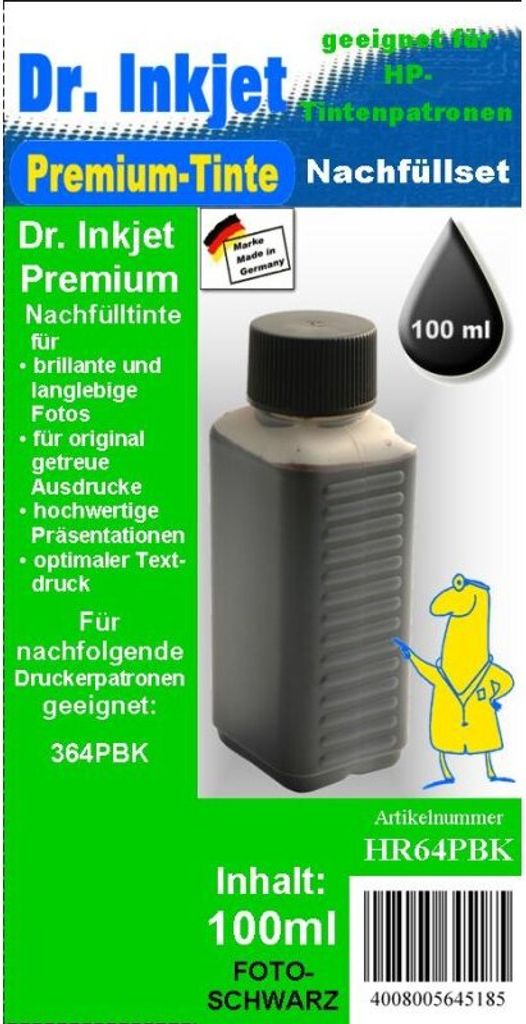 HR64PB - fotoschwarz - Dr.Inkjet Premium Nachfülltinte in 100ml Abfüllung für Ihren HP Drucker