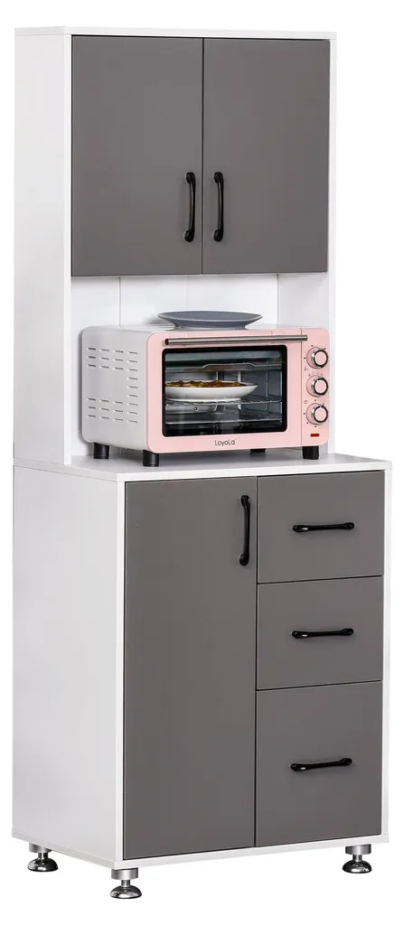 Buffet de cuisine gris blanc 60L x 160H cm avec 3 portes et 3 tiroirs