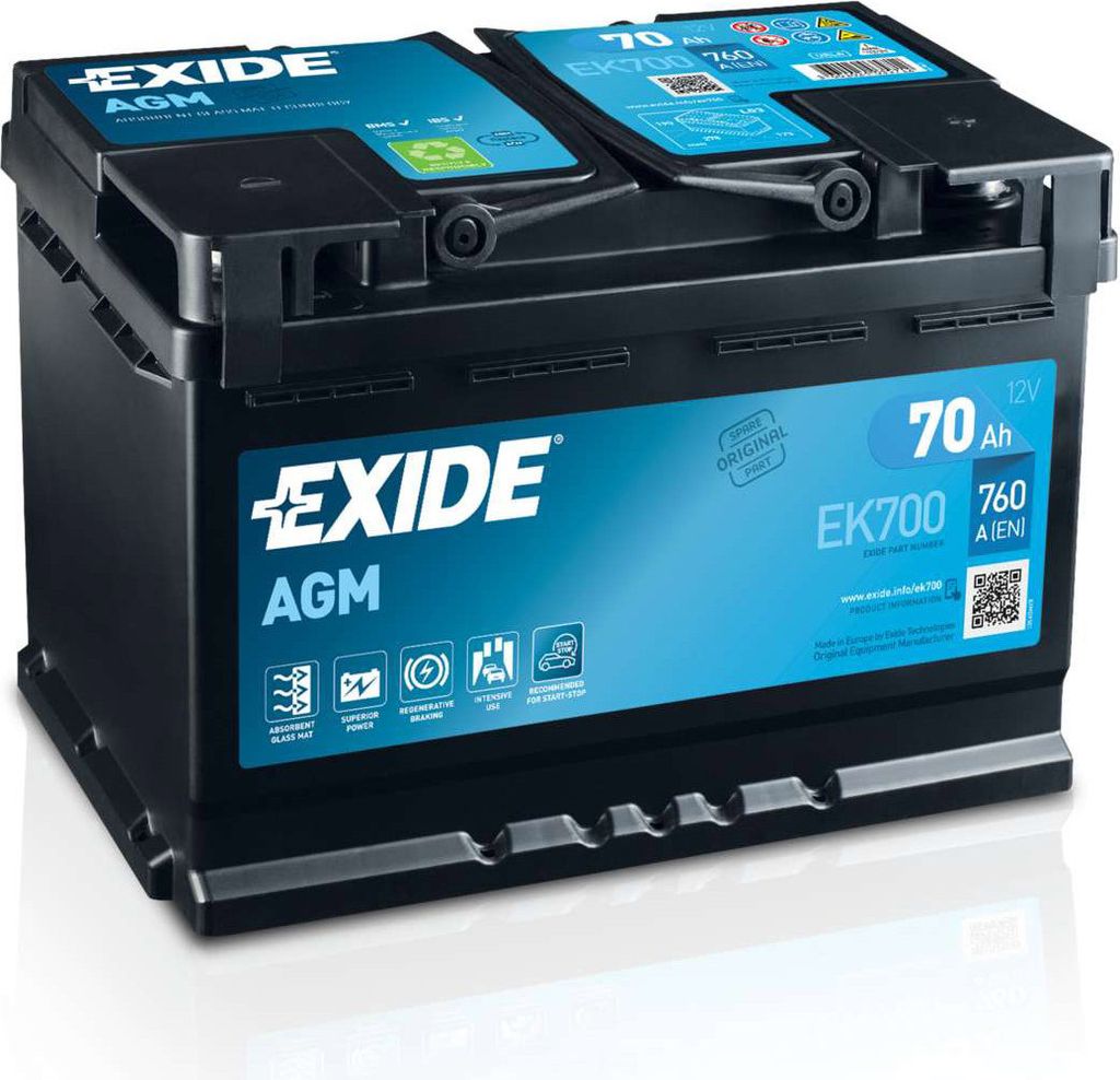 A black car battery with blue and white branding.