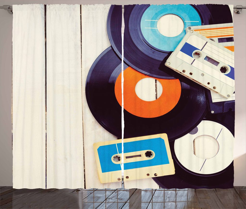 ABAKUHAUS Indie Rustikaler Vorhang, Schallplatten Audio, Wohnzimmer Universalband Gardinen mit Schlaufen und Haken, 280 x 245 cm, Blau Orange Schwarz