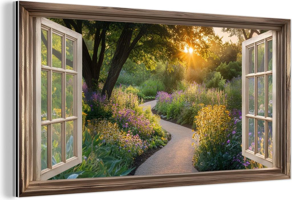 MuchoWow Wanddekoration Metall Metallbild Wandkunst 80x40 cm Aussicht - Blumen - Natur - Sonne - Weg MuchoWow Aluminium Gemälde - Wanddekoration -...
