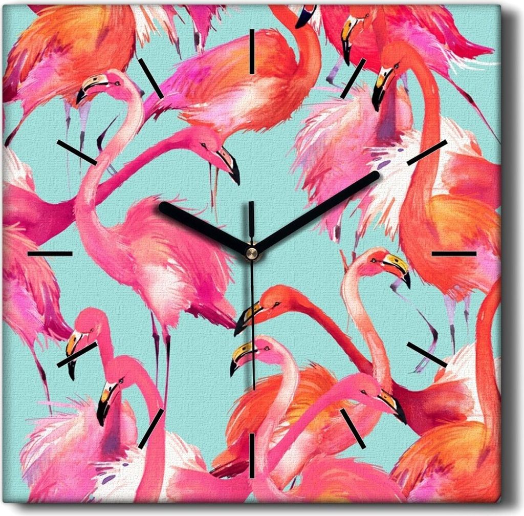 Coloray Hodiny Unikátní 30x30 cm Tiché hodiny Pro obývací pokoj a kuchyň Nástěnné hodiny Plátno Černé ručičky hodin - Flamingos