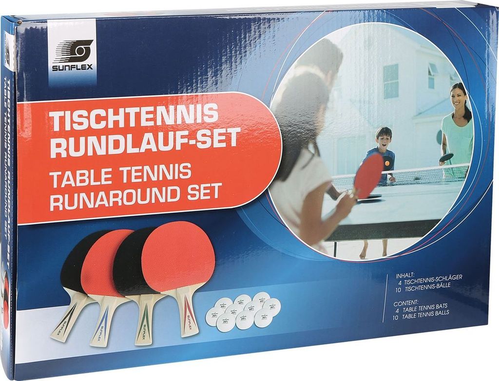 Sunflex Tischtennis Rundlauf Set | 4 x Tischtennisschläger und 10 x Tischtennisbälle