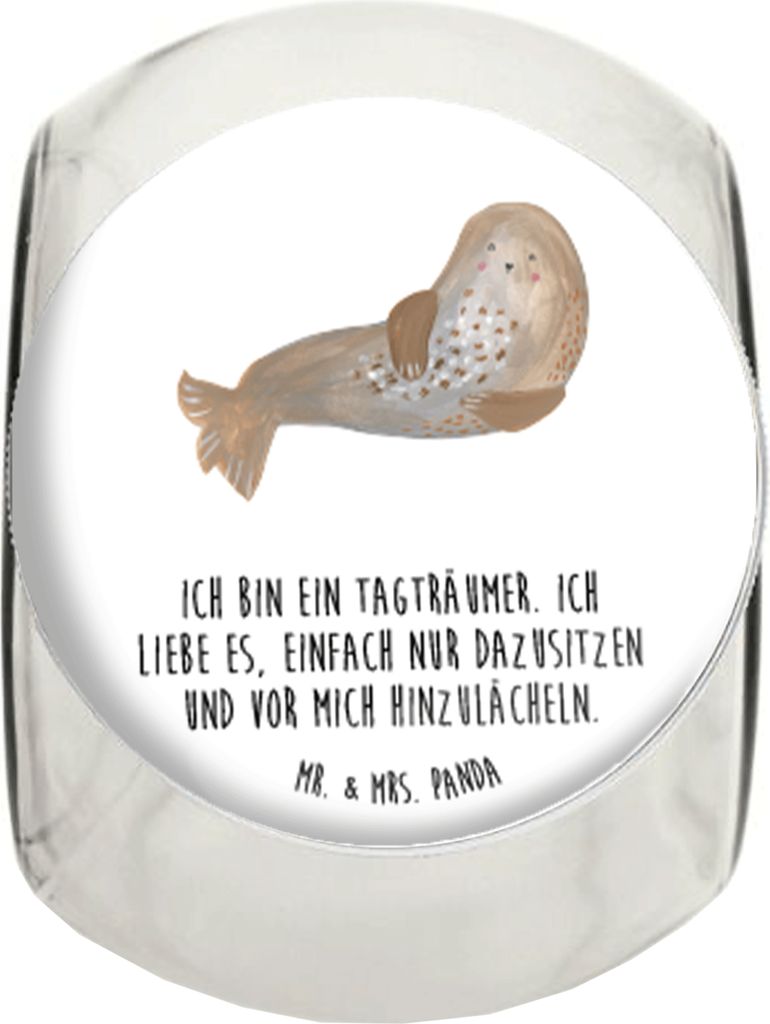 Mr. & Mrs. Panda Müsli Glas Robbe Lachen L 870ml - Weiß - Geschenk, Tiermotive, Seehund, Glasdose, Robben, glasbehälter, Bonboniere, Vorratsdose...