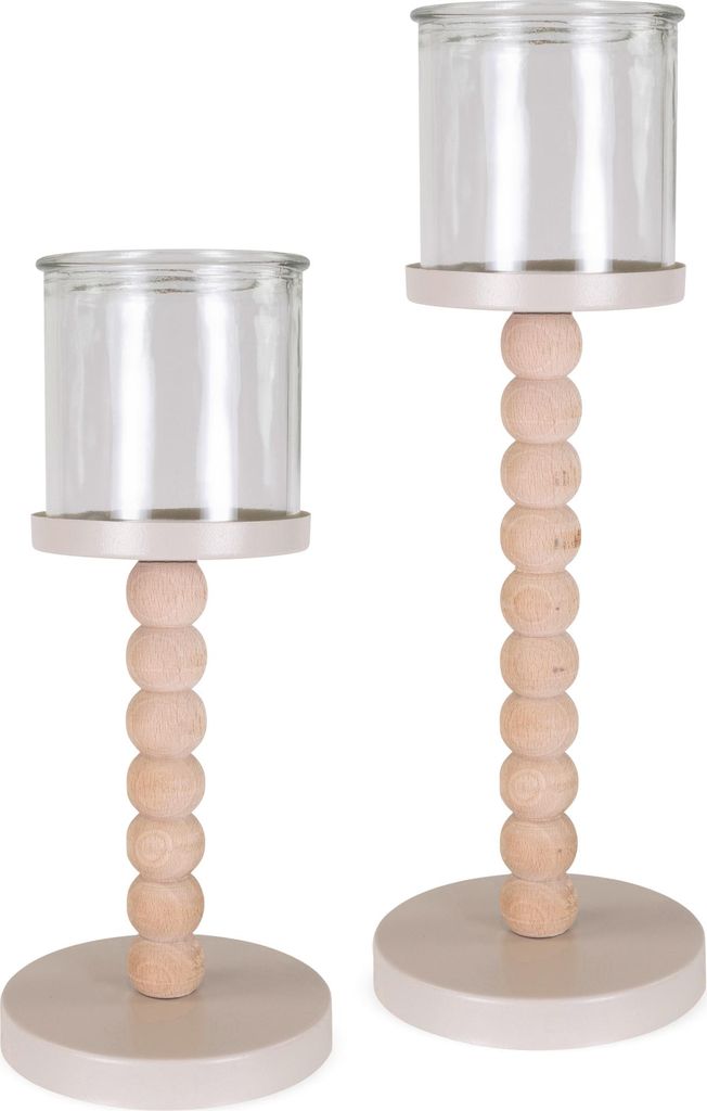 Teelichthalter 2er Set Holz-Metall mit Glas Natur-Beige 24 & 30 cm
