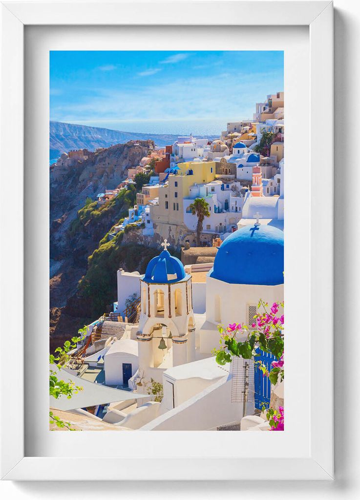 Blick auf die griechische Architektur von Santorini– Wandbild mit Rahmen – Gerahmtes Bild – Wanddekoration – 20x30 cm – Weiß