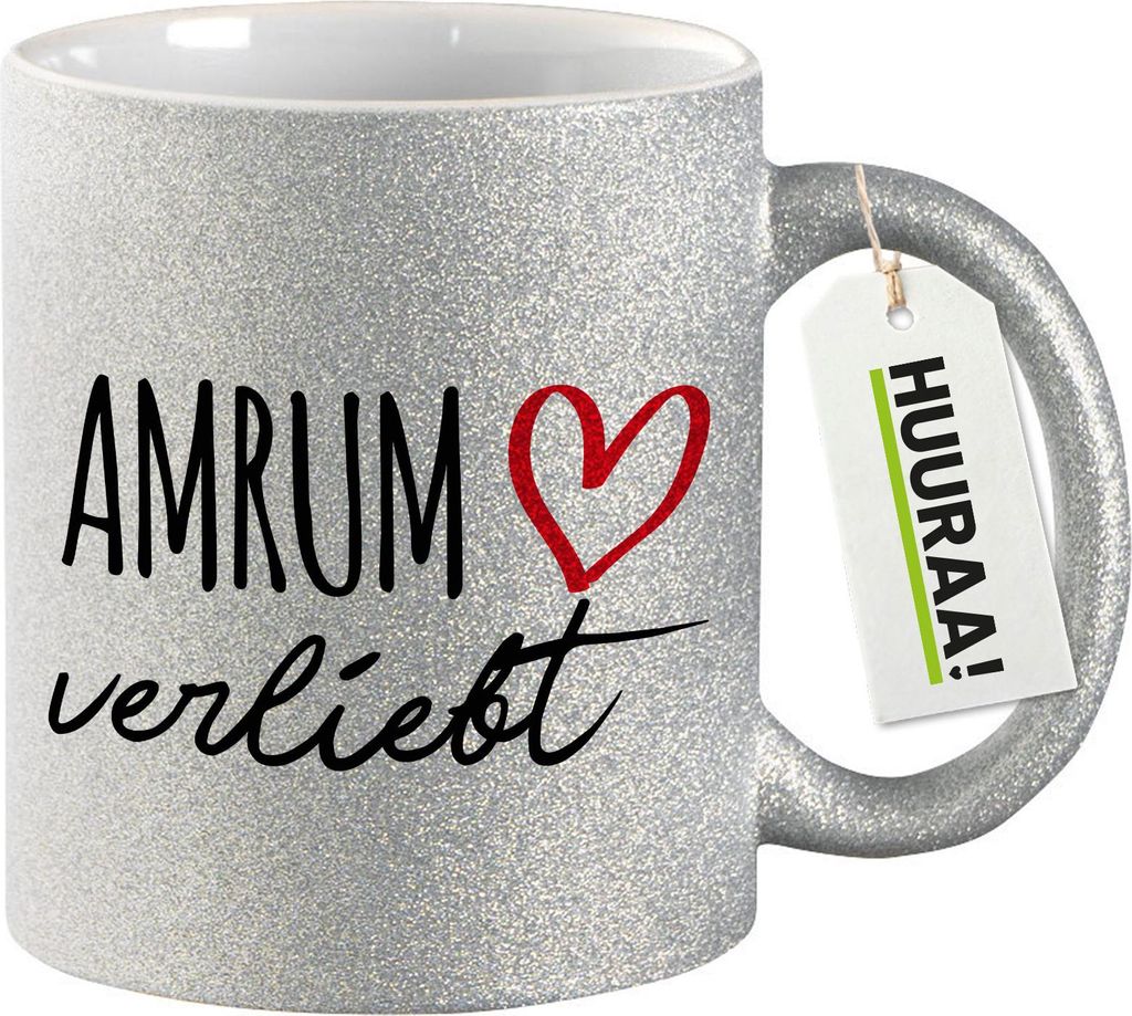 Huuraa Glitzertasse Amrum verliebt 330ml Silber Keramik Kaffeebecher Geschenkidee