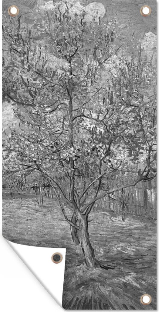 MuchoWow 80x160 cm Outdoor-Poster Gartendeko Sichtschutz Garten Poster für den Garten Der rosa Pfirsichbaum - Vincent van Gogh - Schwarz und weiß
