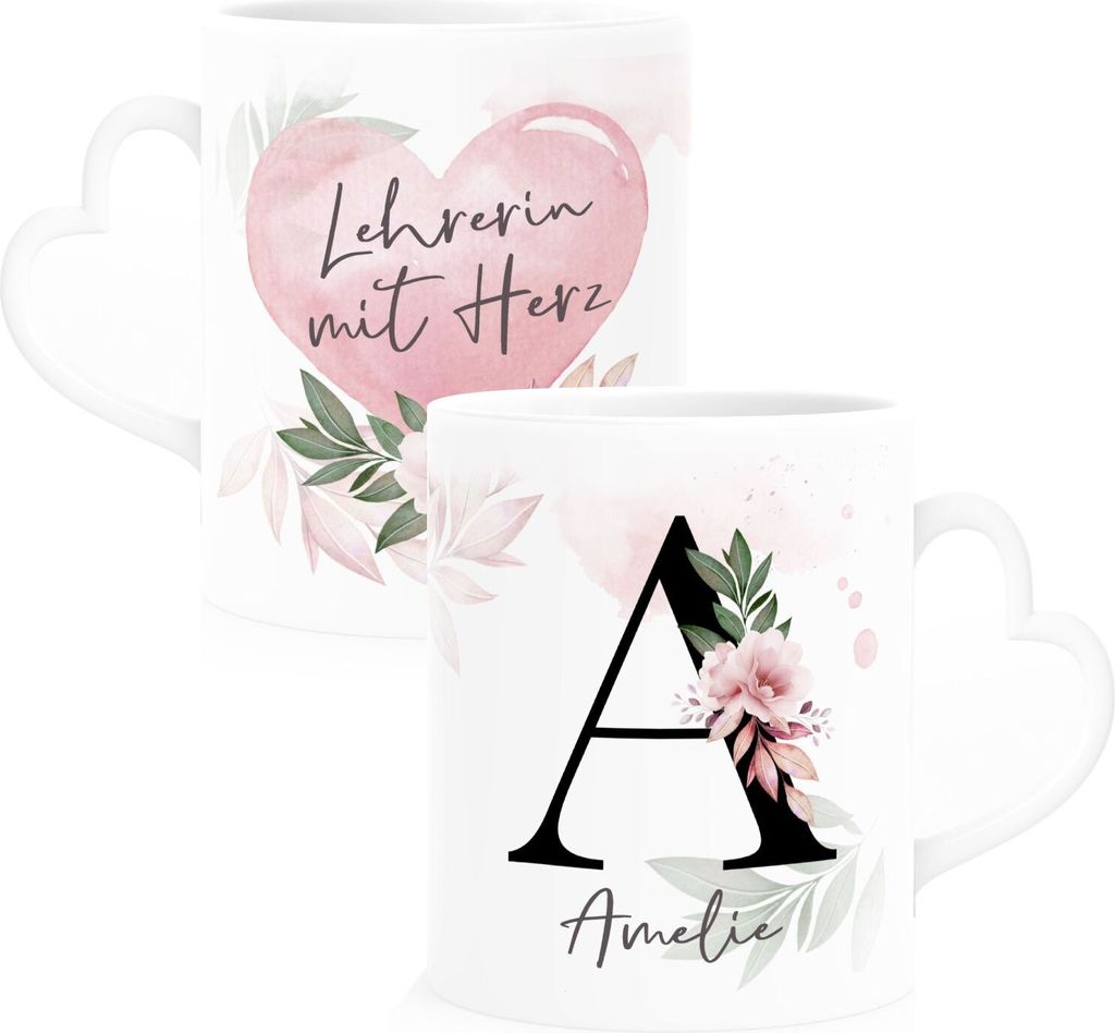 Kaffee-Tasse mit Name Spruch Herz-Henkel Initiale Monogramm Dankeschön personalisierte Geschenke SpecialMe Lehrerin weiß Herz-Tasse