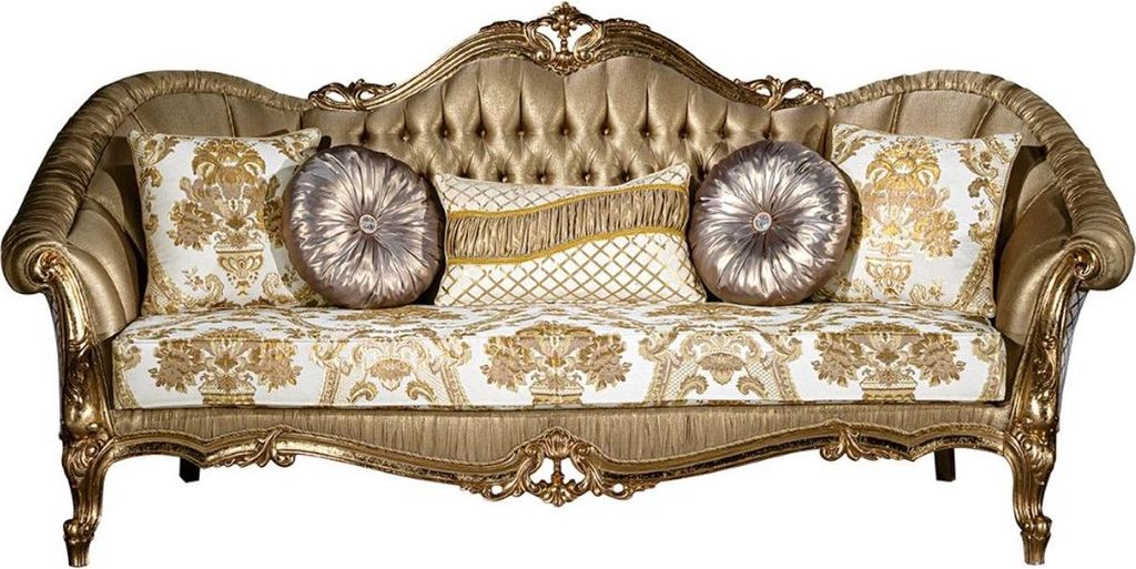 Casa Padrino Luxus Barock Sofa Gold / Weiß 256 x 87 x H. 120 cm - Prunkvolles Wohnzimmer Sofa mit dekorativen Kissen - Wohnzimmer Möbel im Barock...