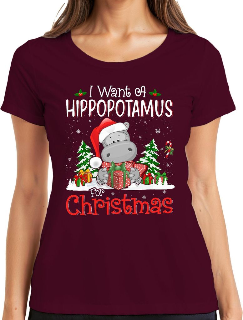 I Want A Hippopotamus For Christmas Lustig Nilpferd Santa Damen T-Shirt, Burgundy, L