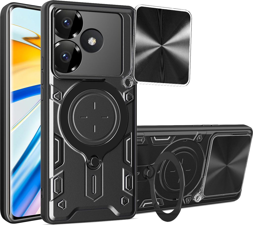 Handyhülle für Xiaomi Redmi Turbo 3 /Poco F6 5G Dual-Layer Stoßfest Rüstung Hülle mit Dia Kameraschutz und Kreisförmig Ring Ständer Schwarz
